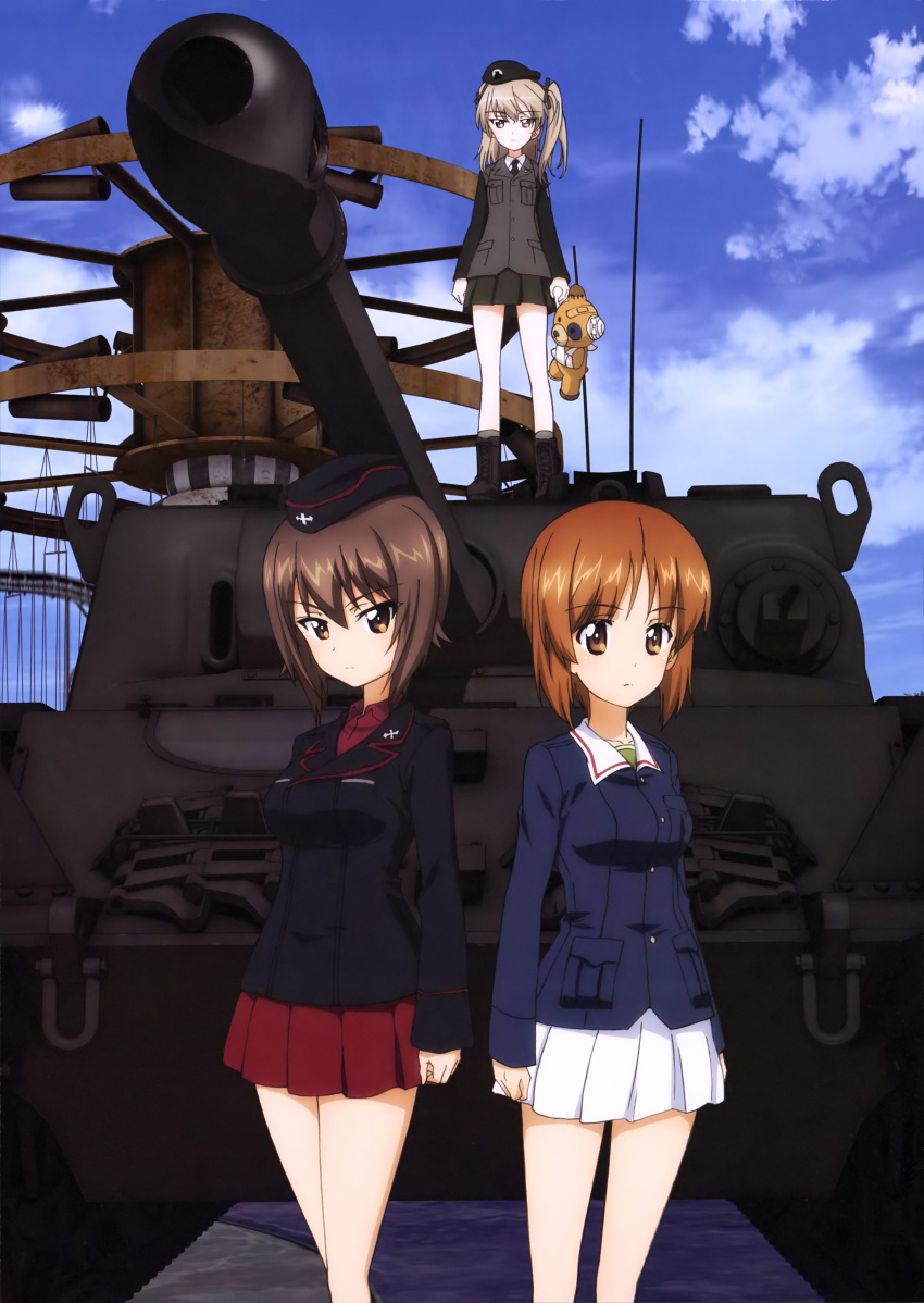 absurdres black_hat black_jacket black_neckwear black_ribbon black_skirt blue_jacket blue_sky boko_(girls_und_panzer) brown_eyes brown_hair centurion_(tank) cloud collarbone day dress_shirt eyebrows_visible_through_hair girls_und_panzer ground_vehicle hair_between_eyes hair_ribbon hat highres holding holding_stuffed_animal jacket kuromorimine_military_uniform light_brown_hair looking_at_viewer military military_vehicle miniskirt motor_vehicle multiple_girls necktie nishizumi_maho nishizumi_miho official_art ooarai_military_uniform outdoors pleated_skirt red_shirt red_skirt ribbon selection_university_military_uniform shimada_arisu shiny shiny_hair shirt short_hair side_ponytail skirt sky stuffed_animal stuffed_toy tank white_skirt yoshida_nobuyoshi