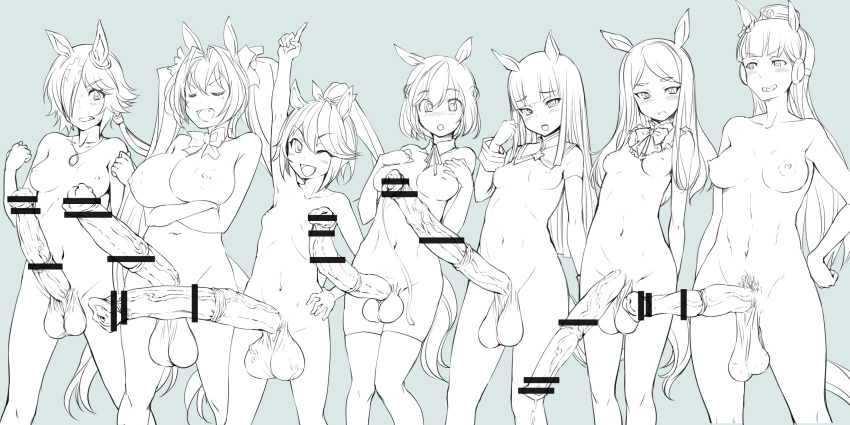 animal_ears bosshi character_request daiwa_scarlet futanari gold_ship highres horse_ears horse_penis horse_tail huge_penis legwear mejiro_mcqueen monochrome multiple_girls nude penis silence_suzuka special_week tail tokai_teio umamusume vodka_(umamusume)