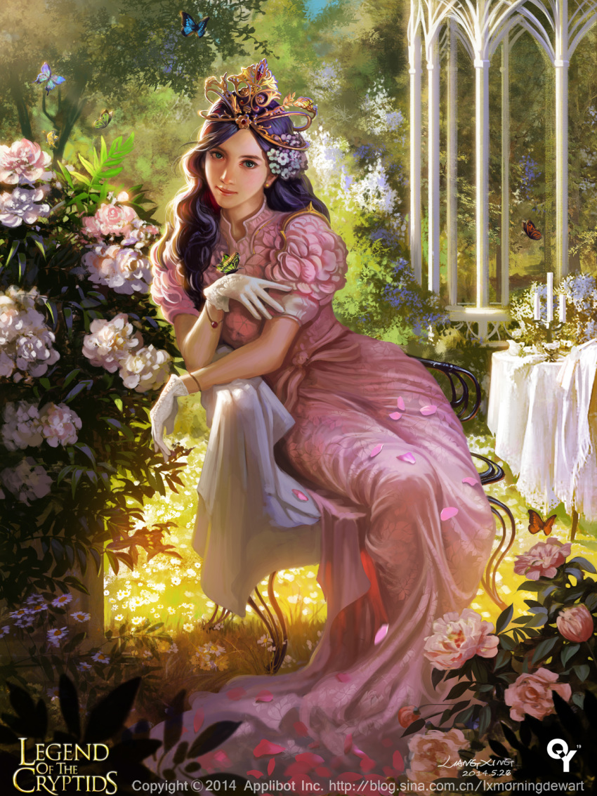 artist_name bracelet bug bush butterfly butterfly_on_hand candlestand chair company_name copyright_name daisy dress earrings flower frills garden gathers gazebo gloves grass green_eyes hair_flower hair_ornament highres insect jewelry leaf leaning_to_the_side legend_of_the_cryptids liang_xing light_smile lips long_dress long_hair looking_at_viewer official_art outdoors petals pink_dress plant purple_hair realistic rose_bush short_sleeves sitting solo stud_earrings sunlight table tablecloth tiara watermark web_address white_gloves