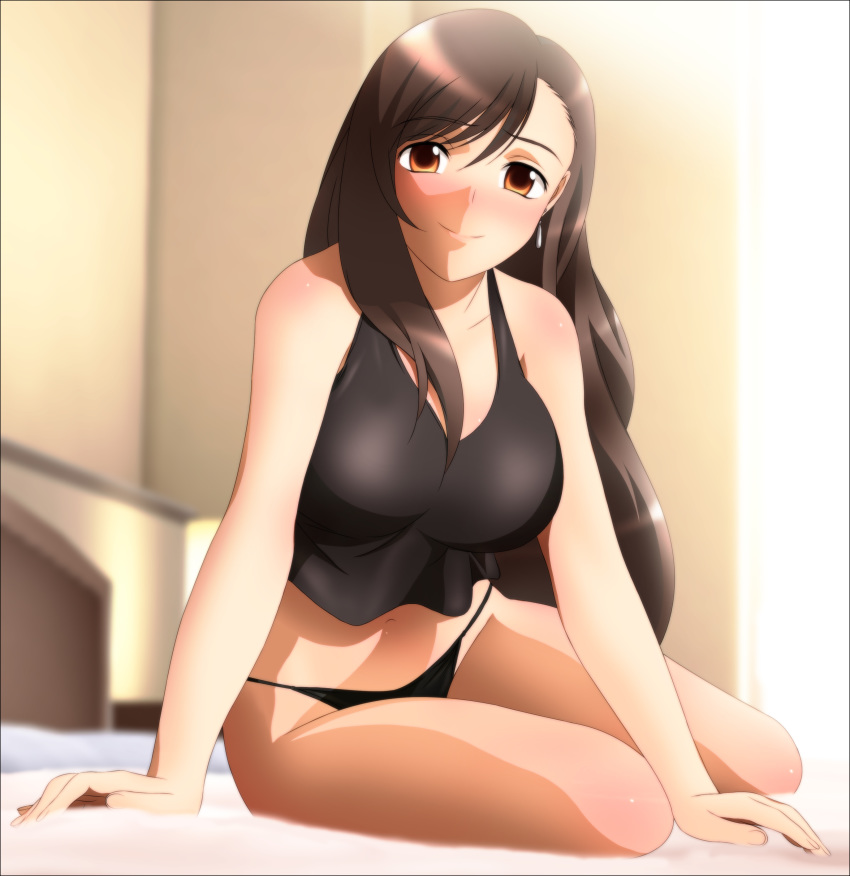 1girl 90s absurdres bare_arms bare_legs bare_shoulders bed black_panties black_shirt blush breasts brown_hair closed_mouth facing_viewer final_fantasy final_fantasy_vii highres indoors large_breasts legs long_hair looking_at_viewer navel on_bed orange_eyes panties shiny shiny_skin shirt sitting sleeveless smile solo sunlight thighs tifa_lockhart underwear very_long_hair yadokari_genpachirou