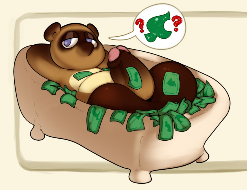 2018 animal_crossing anthro balls big_balls brown_fur canine fur inisuu male mammal money nintendo penis solo tanuki tom_nook_(animal_crossing) video_games