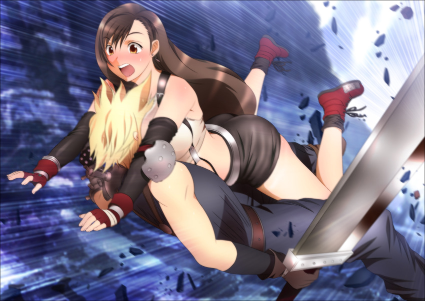 1girl 90s absurdres ass bare_shoulders between_breasts black_skirt blonde_hair blush boots breast_press breast_smother breasts brown_hair cloud_strife earrings embarrassed feet final_fantasy final_fantasy_vii fingerless_gloves full_body gloves highres holding holding_sword holding_weapon jewelry large_breasts legs long_hair looking_at_another low-tied_long_hair lying midriff on_stomach open_mouth orange_eyes red_gloves skirt suspenders sword tank_top thighs tifa_lockhart very_long_hair weapon yadokari_genpachirou