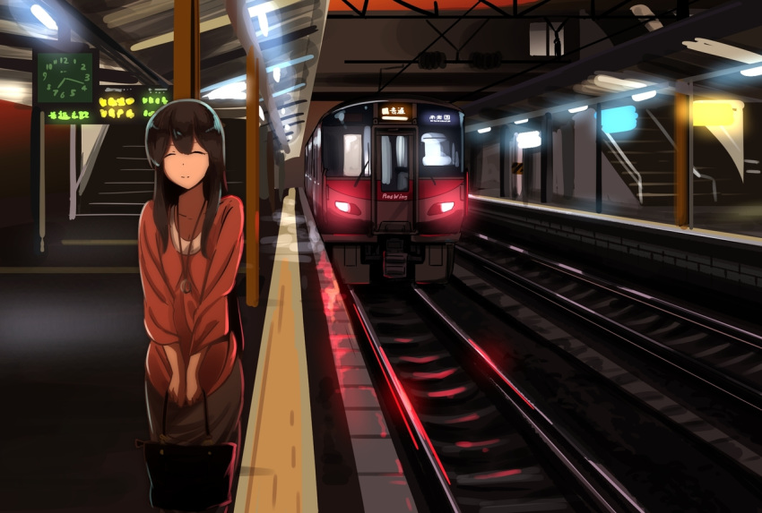 akagi_(kantai_collection) alternate_costume bag black_hair clock closed_eyes commentary_request handbag japanese_clothes jewelry kantai_collection lights long_sleeves railroad_tracks ring smile solo stairs subway_station vi3r6ein