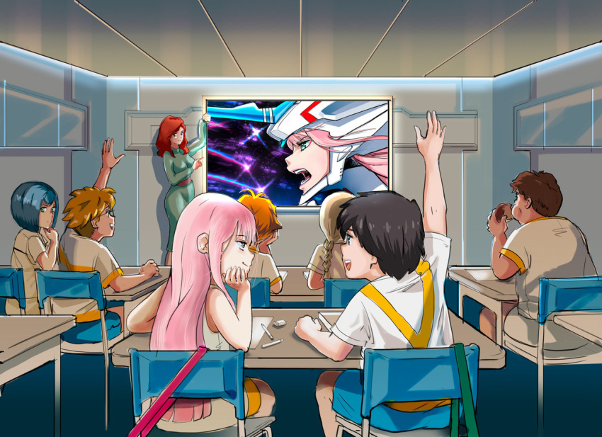 27/5000chair 4boys 4girls ahoge albyee bangs black_hair blonde_hair blue_hair blue_shorts book brown_hair child commentary_request darling_in_the_franxx dress eraser food futoshi_(darling_in_the_franxx) glasses gorou_(darling_in_the_franxx) green_dress hamburger hand_on_own_chin hand_up hiro_(darling_in_the_franxx) holding holding_food ichigo_(darling_in_the_franxx) kokoro_(darling_in_the_franxx) light_brown_hair long_hair long_sleeves looking_at_another looking_back multiple_boys multiple_girls nana_(darling_in_the_franxx) paper pencil pink_hair red_hair ribbon shirt short_hair short_sleeves shorts sitting sleeveless sleeveless_shirt table zero_two_(darling_in_the_franxx) zorome_(darling_in_the_franxx)
