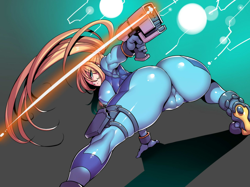 aiming aqua_eyes arm_support ass blonde_hair blue_bodysuit bodysuit breasts cameltoe closed_mouth commentary_request covered_anus covered_nipples dutch_angle erect_nipples eyebrows_visible_through_hair fat_mons floating_hair from_behind gloves gun handgun high_ponytail holding holding_gun holding_weapon holster huge_ass impossible_bodysuit impossible_clothes leaning_forward long_hair long_sleeves looking_back metroid nintendo outstretched_arm outstretched_leg ponytail samus_aran serious shiny shiny_clothes skin_tight solo spread_legs thick_thighs thigh_holster thigh_strap thighs tsuki_wani twisted_torso weapon zero_suit