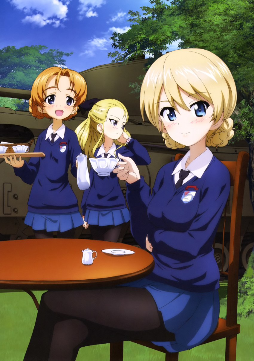 :d absurdres assam black_bow black_legwear black_neckwear blonde_hair blue_eyes blue_skirt blue_sky blue_sweater blush bow braid brown_eyes chair cloud collared_shirt crossed_legs cup darjeeling day emblem eyebrows_visible_through_hair girls_und_panzer ground_vehicle hair_between_eyes hair_bow hand_in_hair highres holding holding_cup holding_tray legs looking_at_viewer military military_vehicle miniskirt motor_vehicle multiple_girls necktie official_art open_mouth orange_hair orange_pekoe outdoors pantyhose pleated_skirt ponytail saucer school_uniform shiny shiny_hair shirt short_hair sitting skirt sky smile st._gloriana's_(emblem) st._gloriana's_school_uniform standing sweater tank teacup thighs tied_hair tray white_shirt yoshida_nobuyoshi