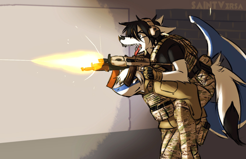 2018 5_fingers ammunition anthro arm_support arm_tuft assault_rifle bangs belt belt_pouch black_hair black_nose black_topwear blue_body brick_wall camo camo_clothing canine carrying cheek_tuft chest_rig clothing countershade_face countershading digital_media_(artwork) dilated_pupils dipstick_tail dual_wielding elbow_tufts fish fur gloves green_bottomwear green_topwear gun hair headgear headphones headset holding_object holding_weapon jacket leaning leaning_forward lighting male mammal marine military multicam multicolored_tail muzzle_flash open_mouth outside pants piggyback ranged_weapon riding rifle saintversa scope shark shark_tail shirt short_hair signature smile standing tactical tongue tongue_out tuft two_tone_tail weapon white_fur