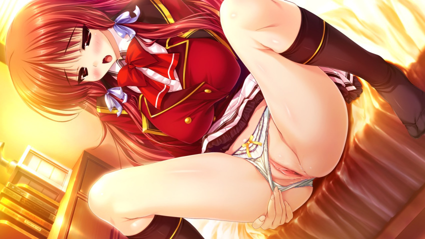 black_legwear blush bow bow_panties breasts dutch_angle large_breasts long_hair no_shoes open_mouth panties panty_pull prism_recollection! pussy pussy_juice red_eyes red_hair renjou_sayaka shintarou shirt skirt skirt_lift spread_legs tied_shirt underwear