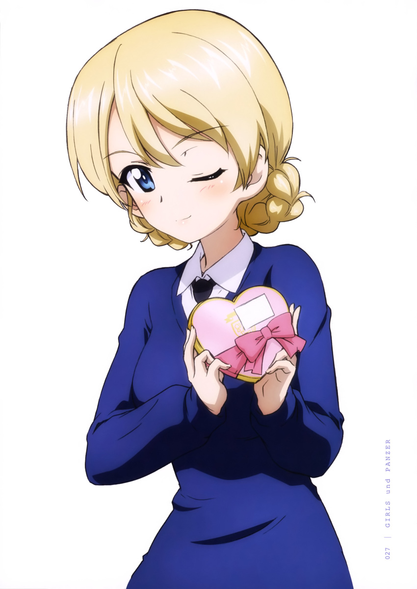 ;d absurdres bag black_neckwear blonde_hair blue_eyes blue_sweater blush box copyright_name darjeeling eyebrows_visible_through_hair gift gift_box girls_und_panzer hair_between_eyes heart-shaped_box highres holding holding_box looking_at_viewer necktie official_art one_eye_closed open_mouth page_number school_uniform shirt short_hair simon smile solo st._gloriana's_school_uniform sweater tied_hair upper_body valentine white_background white_shirt yoshida_nobuyoshi