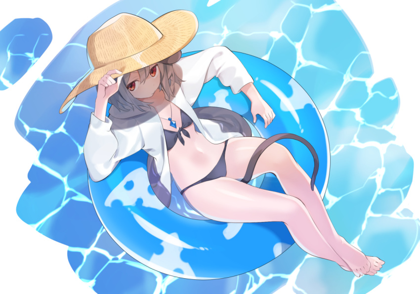akagashi_hagane animal_ears bare_legs barefoot between_legs bikini black_bikini collarbone commentary_request from_above front-tie_bikini front-tie_top full_body grey_hair hair_between_eyes hand_up hat hood hooded_jacket innertube jacket jewelry long_sleeves looking_at_viewer looking_up mouse_ears mouse_tail navel nazrin open_clothes open_jacket pendant red_eyes shiny shiny_skin sitting solo stomach sun_hat swimsuit tail tail_between_legs thighs touhou water white_jacket yellow_hat