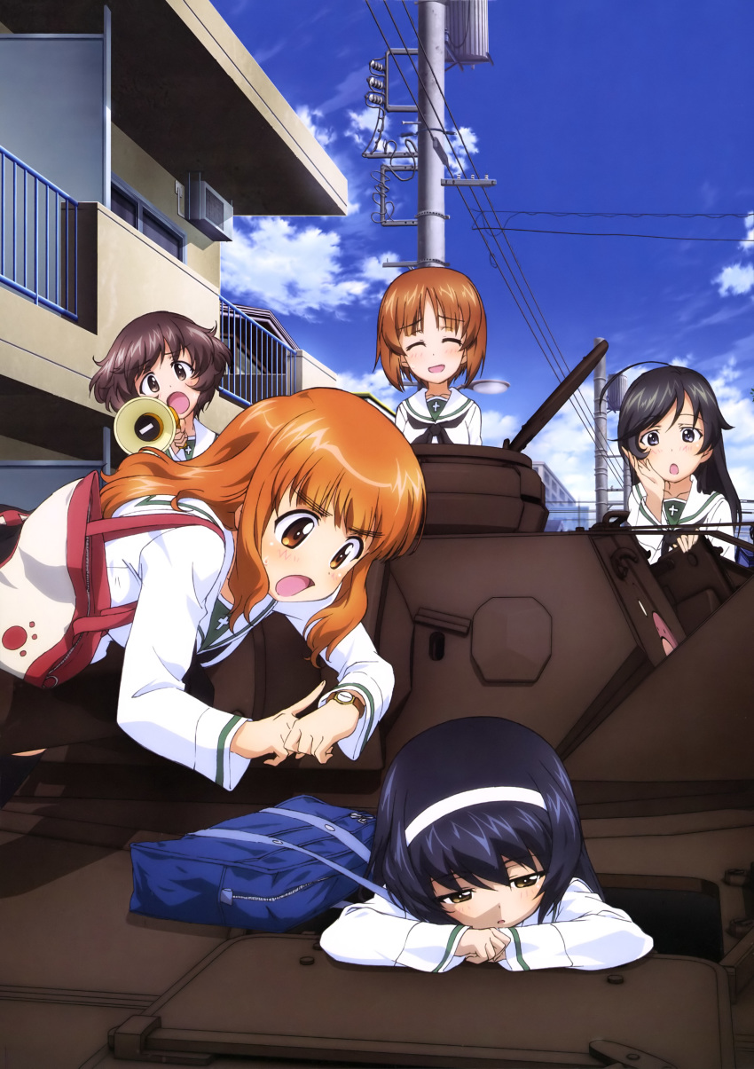 absurdres air_conditioner akiyama_yukari apartment bag balcony black_hair brown_eyes brown_hair closed_eyes cloud day exasperation girls_und_panzer grey_eyes ground_vehicle hand_up head_on_arm highres holding isuzu_hana lamppost megaphone military military_vehicle motor_vehicle multiple_girls nishizumi_miho official_art ooarai_school_uniform open_mouth orange_hair outdoors panzerkampfwagen_iv pointing power_lines reizei_mako road school_uniform shoulder_bag sky sleepy street takebe_saori tank vehicle watch wristwatch