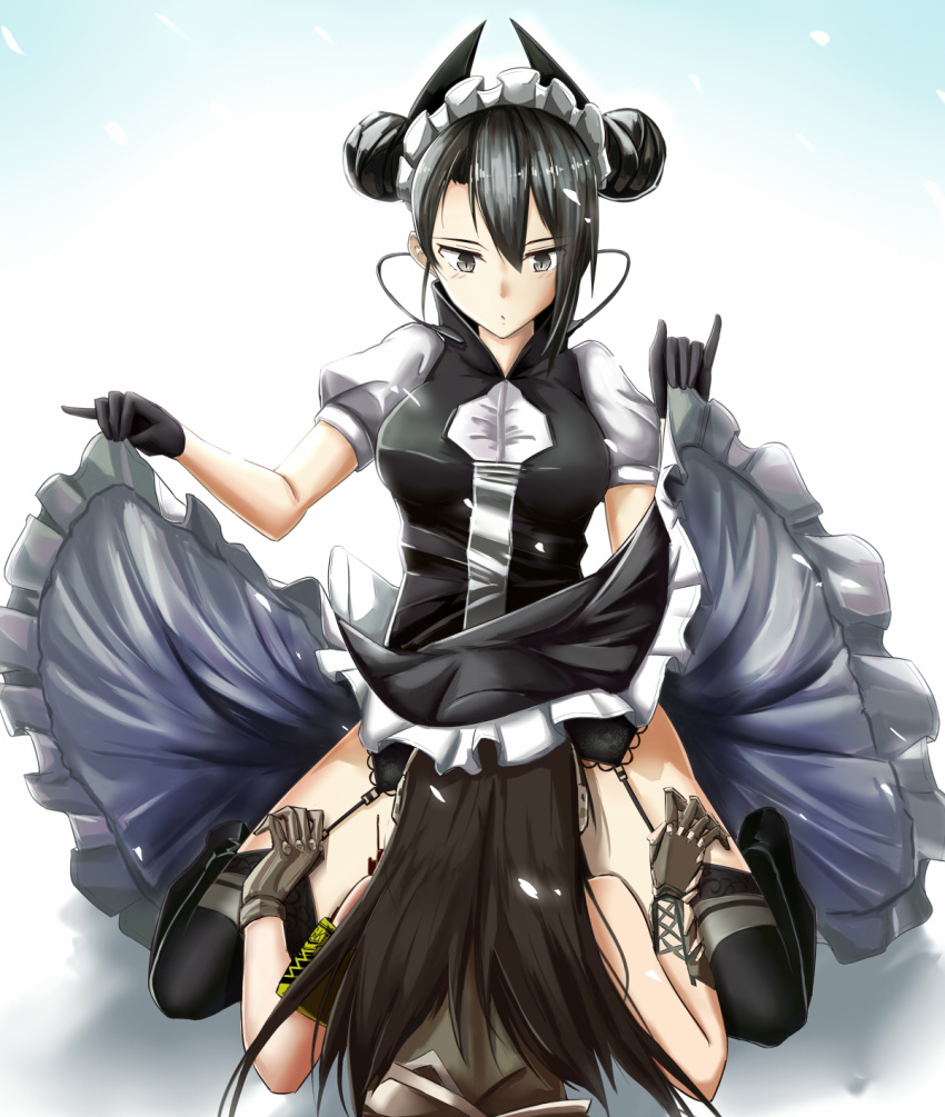 agent_(girls_frontline) black_hair commentary_request double_bun garter_belt garter_straps girls_frontline gloves highres implied_cunnilingus m4a1_(girls_frontline) mag_(mag42) maid maid_headdress multiple_girls skirt skirt_lift squatting thighhighs yuri