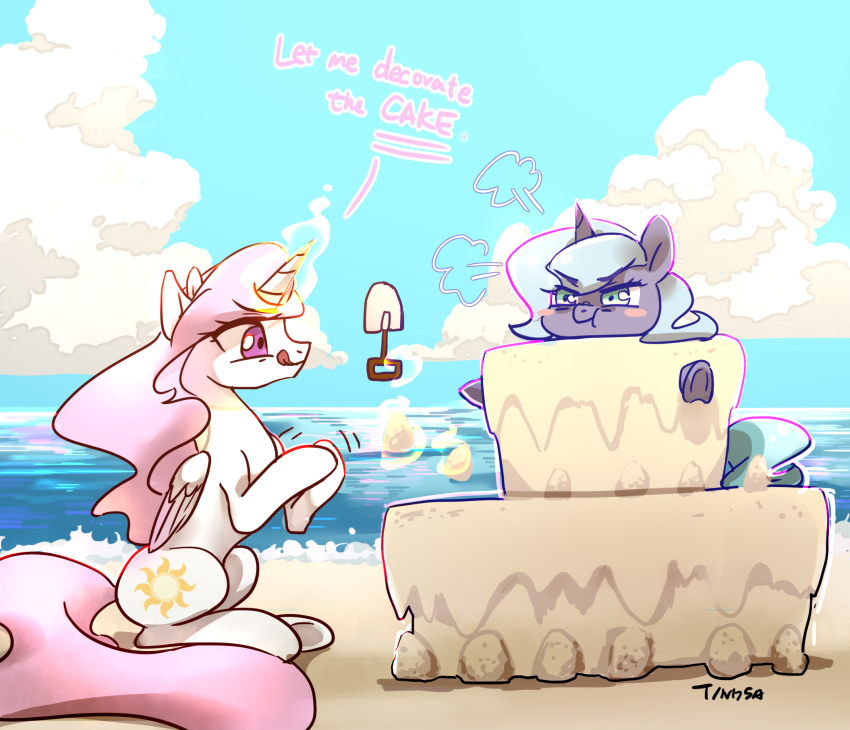 2018 angry beach blue_hair blush cloud cute cutie_mark dialogue duo english_text equine eyelashes feathered_wings feathers female feral friendship_is_magic glowing_horn grumpy hair hi_res hooves horn levitation licking licking_lips long_hair magic mammal my_little_pony nude outside pink_hair princess_celestia_(mlp) princess_luna_(mlp) puffed_cheeks purple_eyes sand sand_castle sculpture sea seaside shovel sibling signature silly sisters sitting sky smile stuck summer teal_eyes text tingsan tongue tongue_out water white_feathers winged_unicorn wings