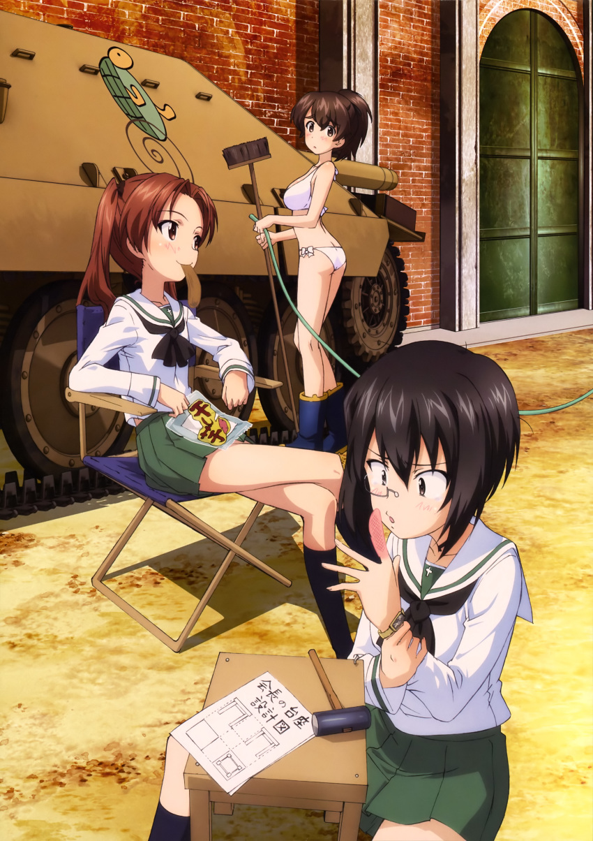 absurdres ass bikini black_hair black_legwear black_ribbon blue_footwear blush boots breasts broom brown_eyes brown_hair crossed_legs day eating eyebrows_visible_through_hair food girls_und_panzer glasses ground_vehicle hair_between_eyes hair_ribbon hammer highres holding holding_broom kadotani_anzu kawashima_momo koyama_yuzu long_hair medium_breasts military military_vehicle miniskirt motor_vehicle multiple_girls official_art ooarai_school_uniform open_mouth outdoors pleated_skirt ponytail ribbon rubber_boots school_uniform shirt short_hair sitting skirt smile standing swimsuit tank turtle twintails watch white_bikini white_shirt wristwatch yoshida_nobuyoshi