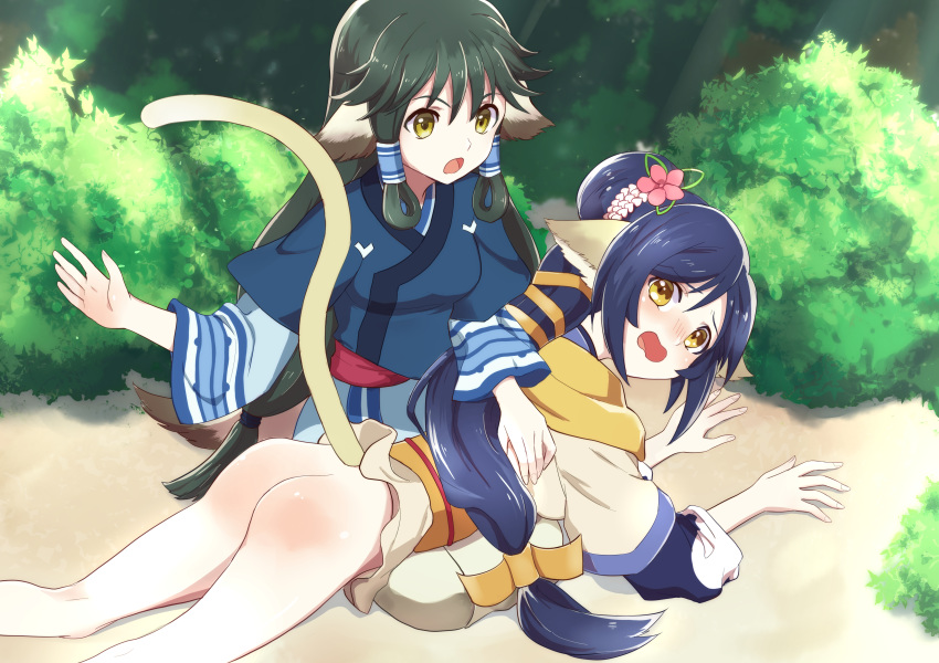 absurdres ainu_clothes animal_ears aruruw ass blue_hair blush dog_ears dog_tail ga709149 green_hair hair_ornament hair_tubes highres japanese_clothes kuon_(utawareru_mono) long_hair low-tied_long_hair multiple_girls no_panties open_mouth ponytail spanked spanking tail utawareru_mono yellow_eyes