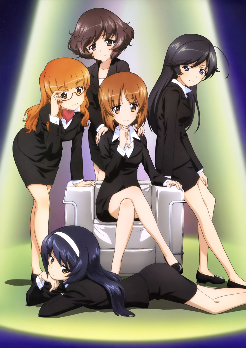 absurdres adjusting_eyewear ahoge akiyama_yukari alternate_costume arm_support bell bell_collar black_eyes black_hair brown_eyes brown_hair business_suit chin_rest collar crossed_legs formal girls_und_panzer glasses hairband highres isuzu_hana itou_takeshi jacket leaning_forward long_hair looking_at_viewer lying megami messy_hair miniskirt multiple_girls nishizumi_miho no_socks office_lady official_art on_stomach orange_eyes orange_hair pencil_skirt red-framed_eyewear reizei_mako semi-rimless_eyewear shirt shoes short_hair sitting skirt skirt_suit smile standing suit takebe_saori under-rim_eyewear white_shirt