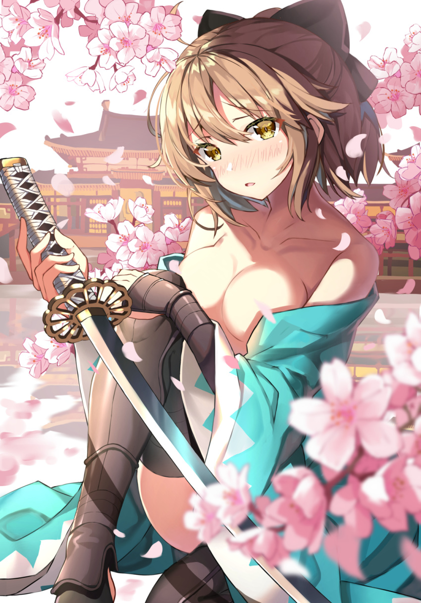 ahoge akae_neo architecture arm_armor arm_guards black_bow blush bow breasts cherry_blossoms commentary_request east_asian_architecture fate/grand_order fate_(series) hair_bow hakama half_updo haori high_ponytail highres holding holding_sword holding_weapon japanese_clothes katana kimono leg_armor looking_at_viewer medium_breasts okita_souji_(fate) okita_souji_(fate)_(all) open_mouth river short_kimono sleeveless sleeveless_kimono sword undressing weapon
