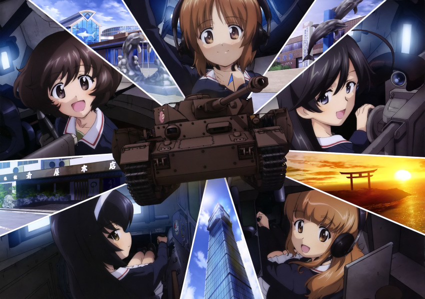 absurdres ahoge akiyama_yukari aquarium black_hair brown_eyes brown_hair building cloud collared_shirt day dolphin flag girls_und_panzer grey_eyes ground_vehicle hairband hand_on_neck headphones highres hotel isuzu_hana looking_at_viewer looking_back military military_vehicle motor_vehicle multiple_girls nishizumi_miho ocean ooarai_(ibaraki) ooarai_isosaki_shrine ooarai_marine_tower ooarai_military_uniform open_mouth orange_hair panzerkampfwagen_iv pleated_skirt reizei_mako shirt sitting skirt sky smile split_screen statue sunset takebe_saori tank tank_gun tank_interior tank_turret throat_microphone torii tower train_station uniform white_skirt