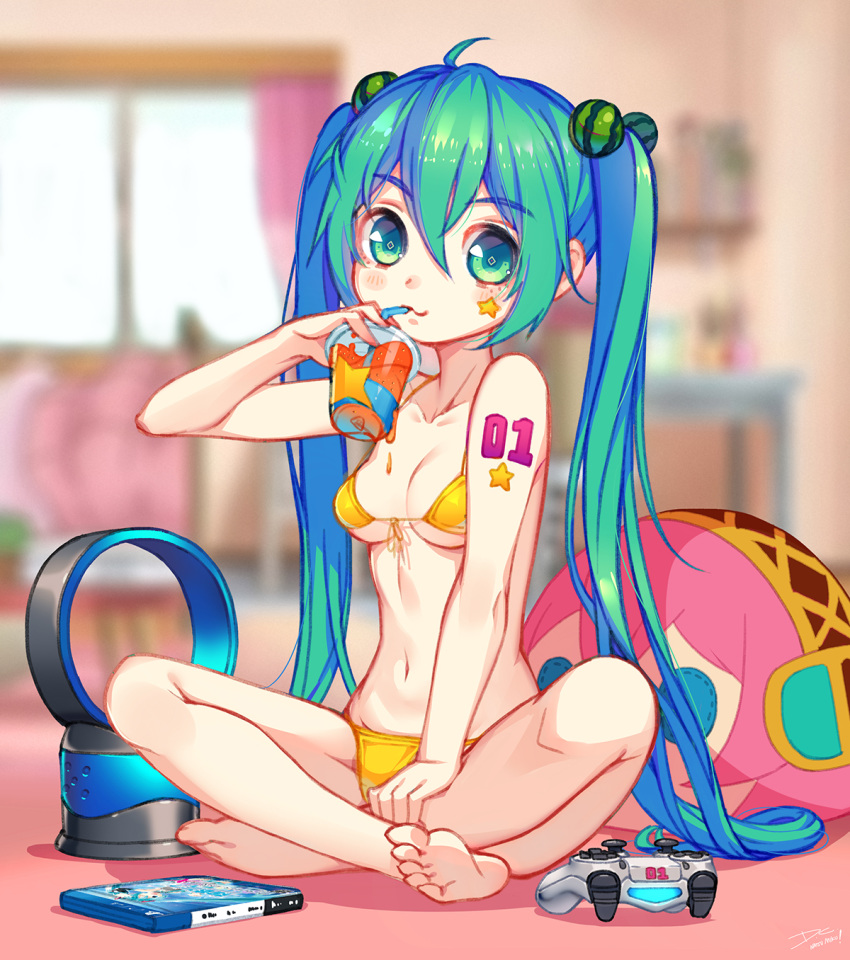 ahoge barefoot bikini bladeless_fan blurry breasts controller depth_of_field dreamcatcher drinking drinking_straw eyebrows_visible_through_hair food_themed_hair_ornament front-tie_top full_body game_controller green_eyes green_hair hair_between_eyes hair_bobbles hair_ornament hatsune_miku highres indian_style indoors long_hair megurine_luka number_tattoo sitting small_breasts solo swimsuit tattoo twintails very_long_hair vocaloid watermelon_hair_ornament yellow_bikini
