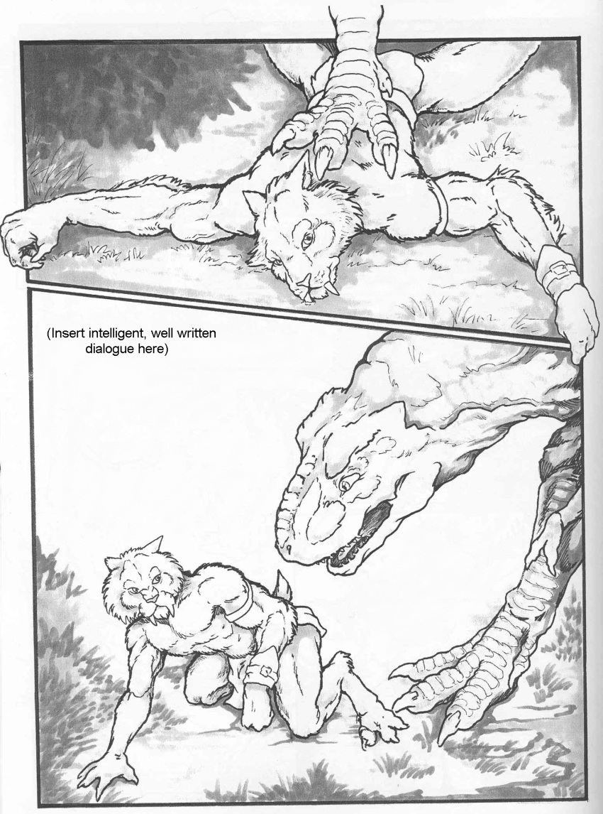 abs anthro armband armlet athletic chris_sawyer clothed clothing comic dialogue dinosaur ear_piercing edit english_text fangs feline feral grass greyscale holding_down hunter kneeling loincloth male mammal mane monochrome open_mouth outside piercing pinned plant prey_for_me_(comic) restrained saber-toothed_cat sabertooth_(disambiguation) scales scalie short_tail stepping_on text theropod topless tyrannosaurus_rex