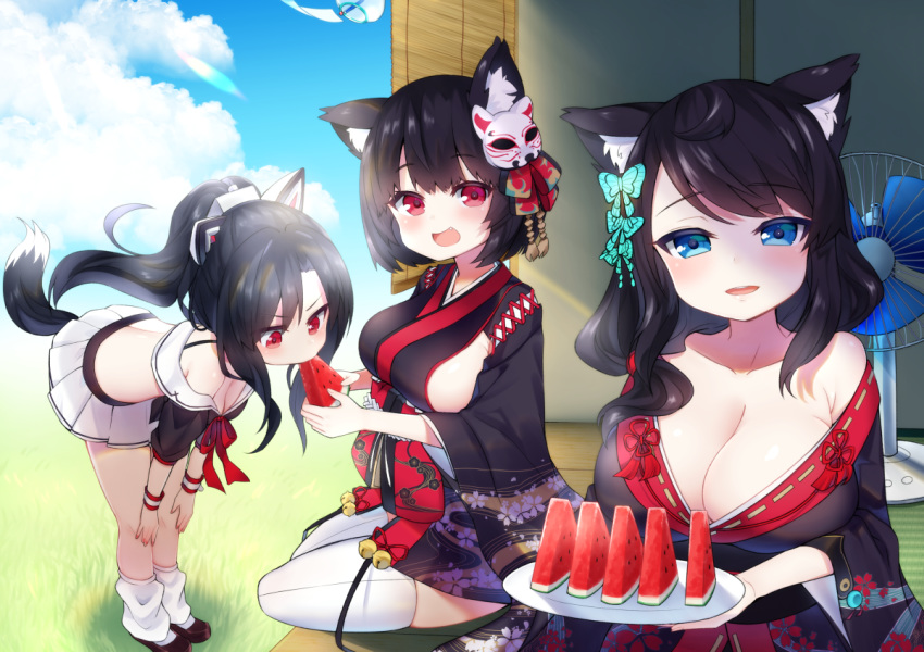 :d animal_ears azur_lane bare_shoulders bell black_hair black_kimono black_shirt blue_eyes blue_sky blush breasts butterfly_hair_ornament cat_ears cat_mask cleavage cloud cloudy_sky collarbone commentary_request crop_top day electric_fan fang floral_print food fusou_(azur_lane) hair_ornament hands_on_legs holding holding_food holding_plate japanese_clothes jingle_bell kimono koko_ne_(user_fpm6842) large_breasts leaning_forward long_hair long_sleeves looking_at_viewer loose_socks mask mask_on_head mechanical_ears midriff multiple_girls off_shoulder open_mouth outdoors plate pleated_skirt ponytail popsicle print_kimono puffy_short_sleeves puffy_sleeves red_eyes ribbon_trim round_teeth shigure_(azur_lane) shirt short_kimono short_sleeves sidelocks skirt sky smile tail teeth thighhighs upper_teeth very_long_hair watermelon_bar white_legwear white_skirt wide_sleeves wind_chime wolf_ears wolf_girl wolf_tail yamashiro_(azur_lane)