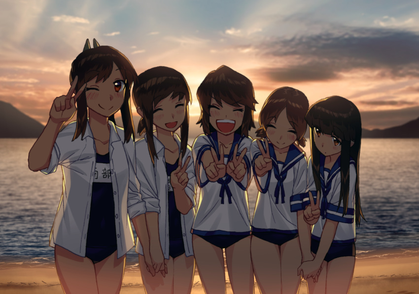 bangs beach blew_andwhite blue_swimsuit blunt_bangs brown_eyes brown_hair closed_eyes cowboy_shot double_v dress_shirt fubuki_(kantai_collection) green_eyes happy hatsuyuki_(kantai_collection) holding_hands i-401_(kantai_collection) kantai_collection long_hair looking_at_viewer low_ponytail low_twintails miyuki_(kantai_collection) multiple_girls name_tag ocean odd_one_out one-piece_swimsuit one_eye_closed open_clothes open_mouth open_shirt ponytail sailor_collar sailor_shirt school_swimsuit shirayuki_(kantai_collection) shirt short_hair short_ponytail sidelocks smile standing sunset swimsuit swimsuit_under_clothes twintails v wavy_hair