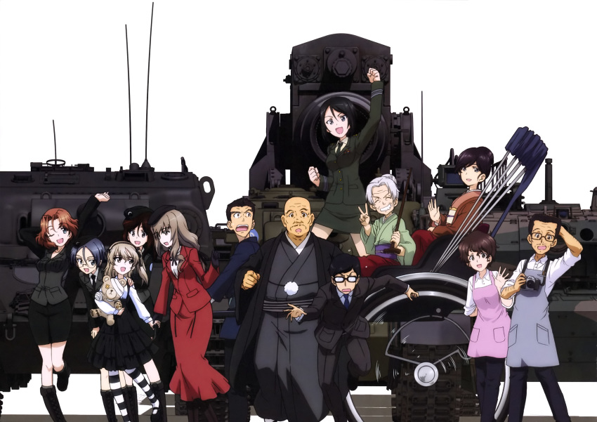 6+girls absurdres akiyama_jungorou akiyama_yoshiko apron arm_behind_back arm_behind_head azumi_(girls_und_panzer) bald bangs beret black_eyes black_footwear black_gloves black_hair black_hat black_jacket black_legwear black_neckwear black_ribbon black_skirt blazer blue_eyes boko_(girls_und_panzer) boots bow bowtie brown_eyes camera cane casual centurion_(tank) chouno_ami clenched_hands collared_shirt cross-laced_footwear dress_shirt emblem eyebrows_visible_through_hair facial_hair formal girls_und_panzer glasses gloves green_jacket green_kimono green_shirt green_skirt grey_apron grey_eyes grey_hair grin ground_vehicle hair_bun hair_ribbon hand_on_another's_shoulder hat high-waist_skirt highres holding holding_camera holding_hands holding_stuffed_animal husband_and_wife isuzu_yuri jacket japan_ground_self-defense_force japan_self-defense_force japanese_clothes japanese_tankery_league_(emblem) karl_gerat kimono kodama_shichirou lace-up_boots layered_skirt leg_up light_brown_hair long_hair long_skirt long_sleeves looking_at_another looking_at_viewer looking_back m26_pershing mary_janes mature megumi_(girls_und_panzer) military military_hat military_uniform military_vehicle miniskirt mother_and_daughter motor_vehicle multiple_boys multiple_girls mustache neck_ribbon necktie official_art one_eye_closed open_mouth pantyhose pencil_skirt pink_kimono pullcart purple_apron raised_fist red_jacket red_skirt reizei_hisako ribbon rickshaw round_eyewear rumi_(girls_und_panzer) selection_university_(emblem) selection_university_military_uniform sheer_legwear shimada_arisu shimada_chiyo shinzaburou shirt shoes short_hair side_ponytail silver_hair skirt skirt_suit smile standing standing_on_one_leg striped striped_legwear stuffed_animal stuffed_toy suit suspender_skirt suspenders swept_bangs tank teddy_bear tsuji_renta type_10_(tank) uniform v v-shaped_eyebrows waving white_shirt