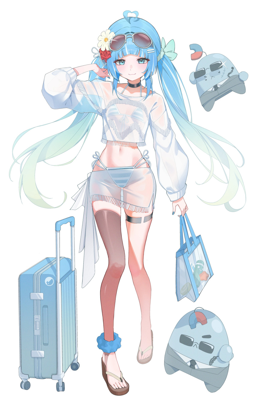 1girl :3 absurdres ahoge ankle_scrunchie arahashi_tabi asymmetrical_legwear bag bikini black_choker black_thighhighs blue_bikini blue_eyes blue_hair blue_ribbon blunt_bangs blush brown_sandals choker commentary daisy_(flower) eyewear_on_head flower front-tie_bikini_top front-tie_top full_body gradient_hair groin hair_ornament hair_ribbon hairclip heart heart_ahoge highres holding holding_bag long_hair looking_at_viewer magnet multicolored_hair musm0412 navel parallel_hairclips pungdangi_(arahashi_tabi) red_flower red_rose ribbon rolling_suitcase rose sandals sarong scrunchie see-through_clothes see-through_sarong see-through_shirt shirt side-tie_bikini_bottom sidelocks simple_background solo standing stellive string_bikini striped_bikini striped_clothes suitcase sunglasses swimsuit thigh_strap thighhighs twintails virtual_youtuber white_background white_bikini white_flower