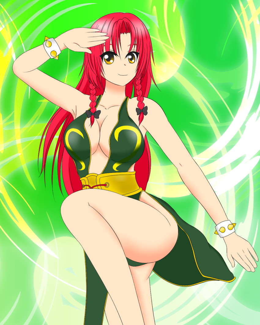 alternate_costume armpits bare_arms bare_hips bare_legs bare_shoulders bracelet braid breasts china_dress chinese_clothes chun-li chun-li_(cosplay) cleavage commentary_request cosplay dress fighting_stance flat_color gold_trim highres hong_meiling jewelry long_hair red_hair rekkuu_no_chuunibyou sleeveless sleeveless_dress smile solo spiked_bracelet spikes street_fighter street_fighter_v thighs touhou twin_braids yellow_eyes