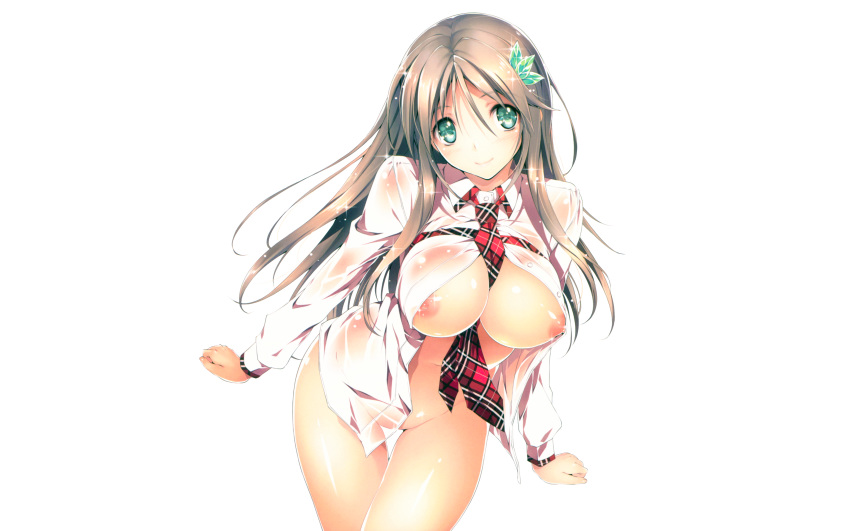 breasts brown_hair green_eyes kikurage long_hair mutsuki_yume nipples photoshop undressing wet white