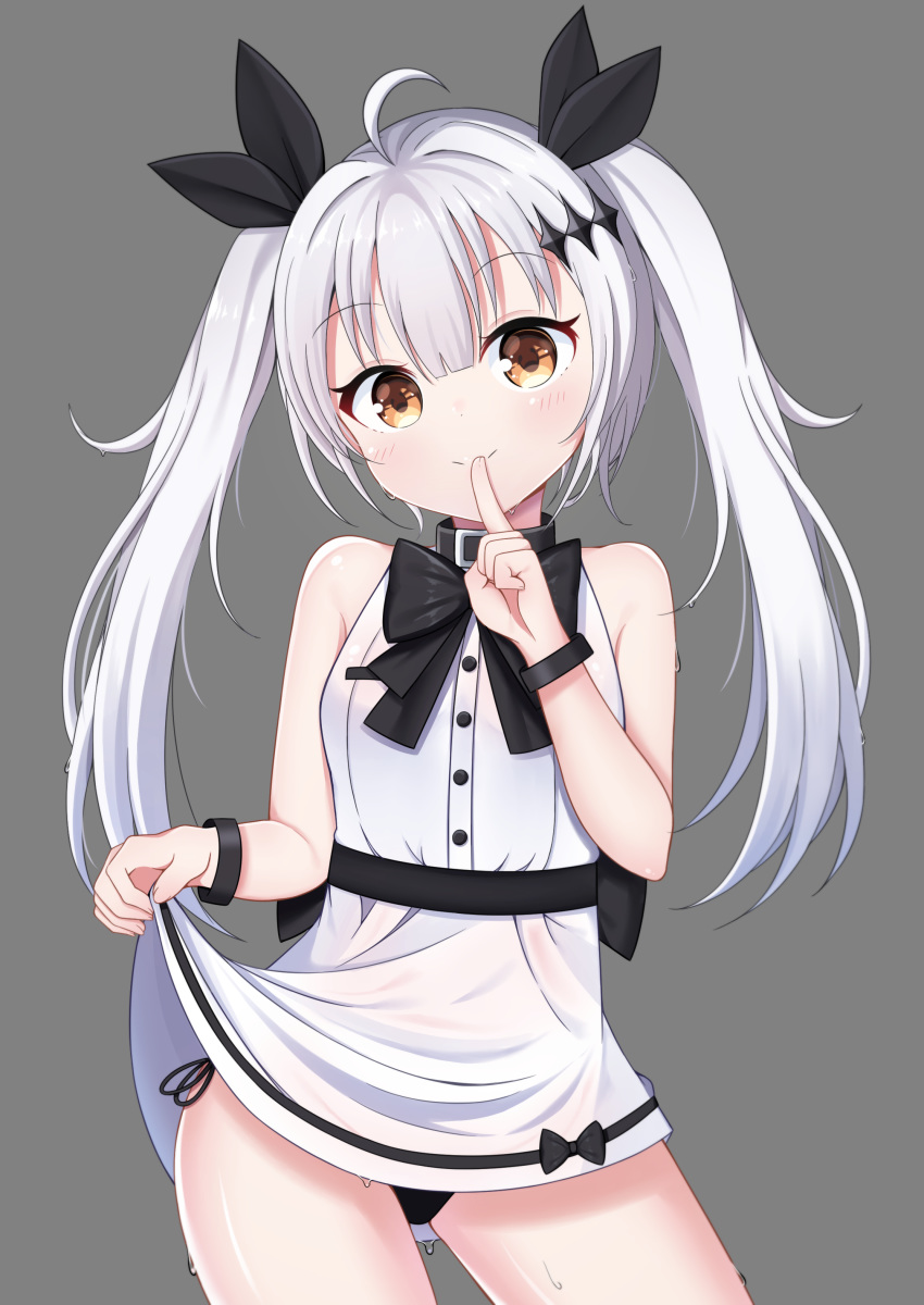 absurdres ahoge bare_shoulders black_bow black_panties black_ribbon blush bow brown_eyes closed_mouth dress fingernails five-seven_(girls_frontline) girls_frontline grey_background hair_ornament hair_ribbon hand_up head_tilt highres long_hair looking_at_viewer panties ribbon see-through side-tie_panties sidelocks silver_hair simple_background skirt_hold sleeveless sleeveless_dress smile solo starfox1015 twintails underwear very_long_hair wet wet_clothes wet_dress white_dress younger