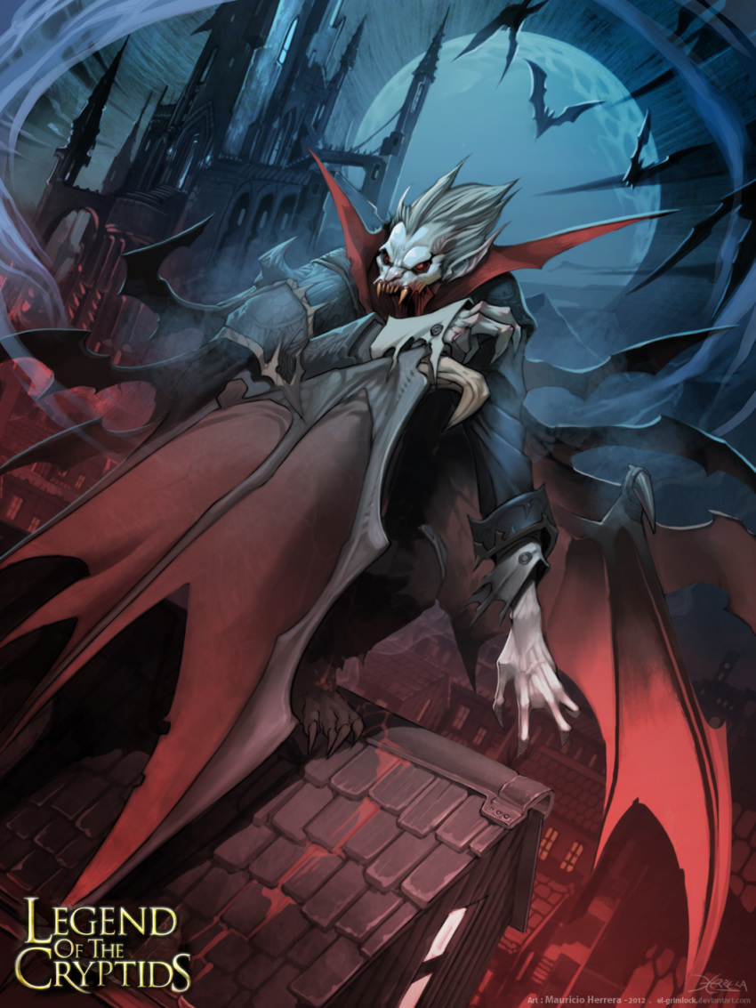 artist_name barefoot bat_wings fangs highres legend_of_the_cryptids male_focus mauricio_herrera moon night night_sky official_art open_mouth pointy_ears red_eyes sky solo vampire white_hair wings