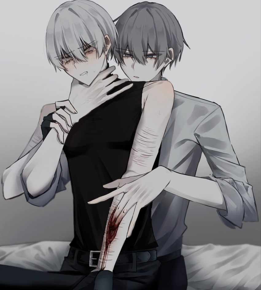 2boys 7_i_i \||/ black_gloves black_tank_top blush clenched_teeth cuts drooling exposed_fat fingerless_gloves flustered gloves grey_eyes grey_hair hand_on_another's_wrist highres injury male_focus multiple_boys original rolling_eyes self-harm shirt single_glove sitting sitting_on_lap sitting_on_person sleeves_rolled_up strangling tank_top teeth white_hair white_shirt wound_fingering wrist_cutting yaoi yellow_eyes