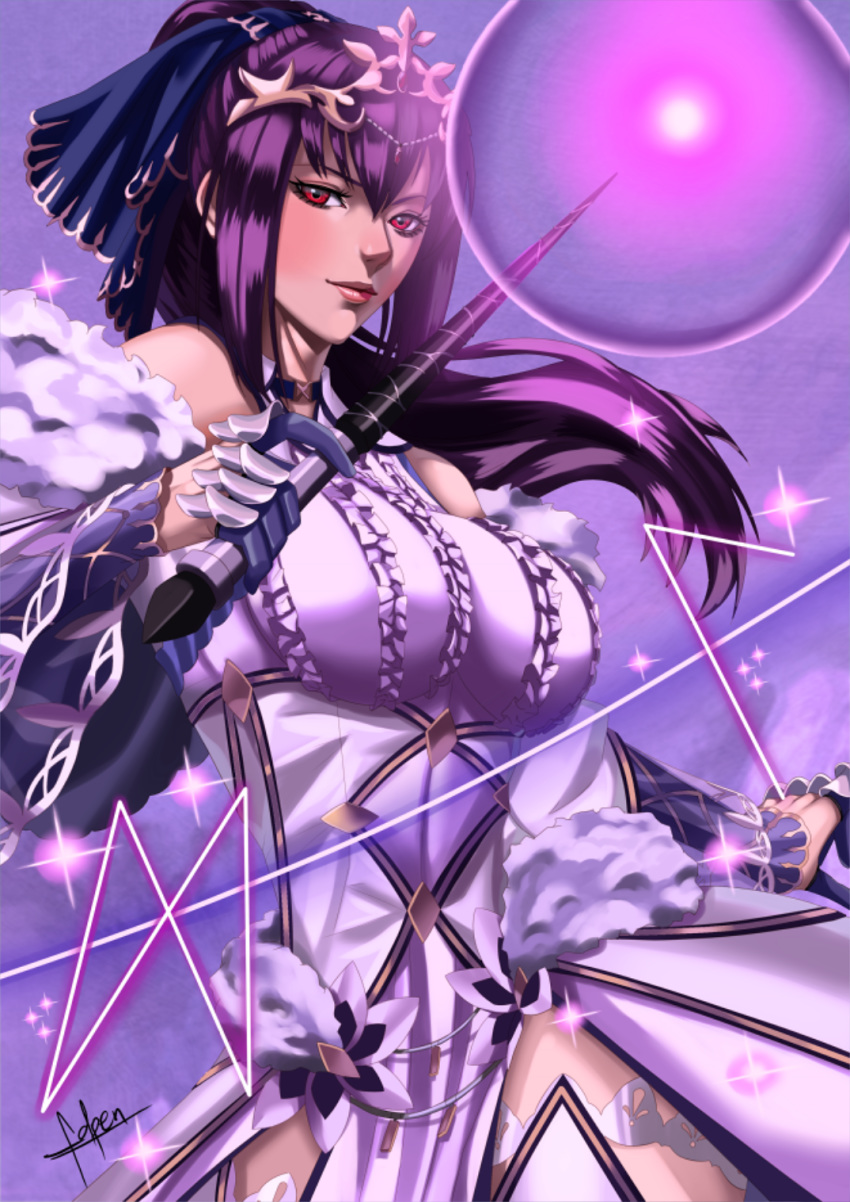 bangs bare_shoulders breasts cleavage commentary dress fate/grand_order fate_(series) fur_trim hair_between_eyes headpiece highres holding holding_wand jewelry kouichi09 large_breasts long_hair looking_at_viewer magic purple_dress purple_hair red_eyes scathach_(fate)_(all) scathach_skadi_(fate/grand_order) signature solo tiara wand