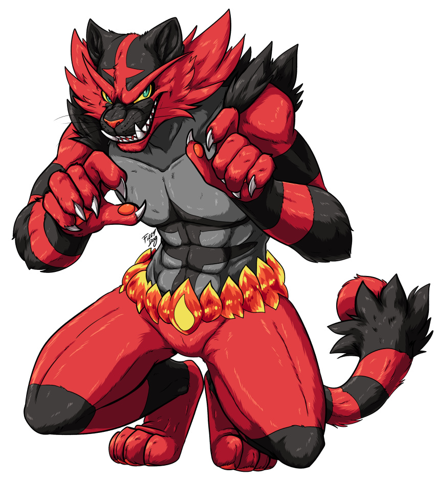 2018 4_toes 5_fingers abs absurd_res alpha_channel ambiguous_gender anthro black_fur claws crouching digital_drawing_(artwork) digital_media_(artwork) featureless_crotch feline fire fizzy-dog fur green_eyes hi_res incineroar mammal multicolored_fur muscular nintendo pecs pok&eacute;mon pok&eacute;mon_(species) red_fur sharp_teeth signature simple_background smile solo striped_tail stripes teeth toes transparent_background video_games whiskers yellow_sclera