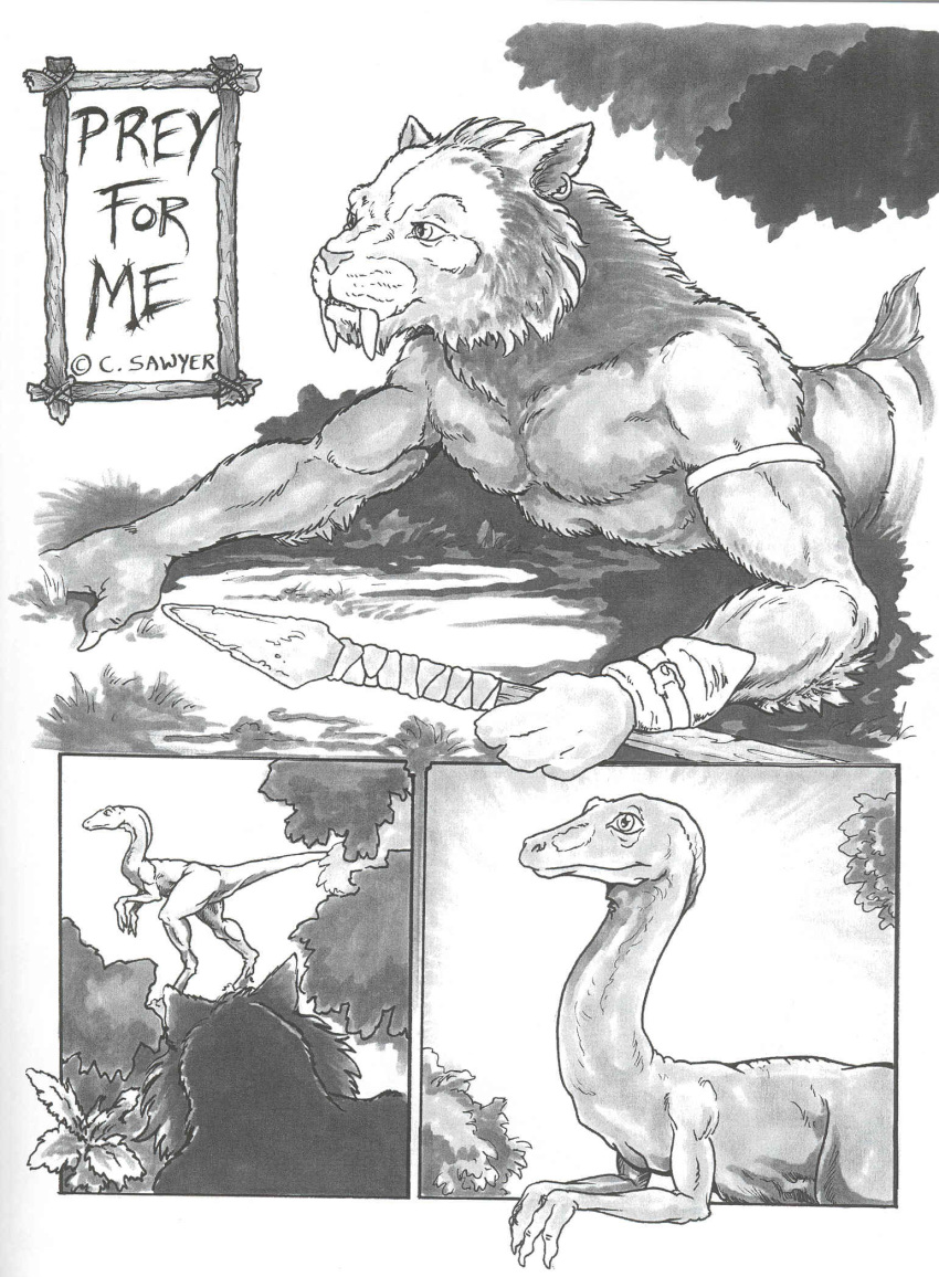 alternate_version_at_source anthro armband armlet athletic chris_sawyer comic detailed_background digitigrade dinosaur ear_piercing edit english_text fangs feline feral grass greyscale hunter hunting lying male mammal mane melee_weapon monochrome on_front outside piercing plant polearm prey_for_me_(comic) raptor saber-toothed_cat sabertooth_(disambiguation) scalie short_tail spear standing text theropod weapon