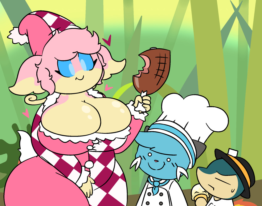 anonymous_artist anthro audino big_breasts breasts cleavage clothed clothing curly_hair cyndaquil dewott female hair ham male miitopia nintendo pok&eacute;mon pok&eacute;mon_(species) simple_background slightly_chubby video_games
