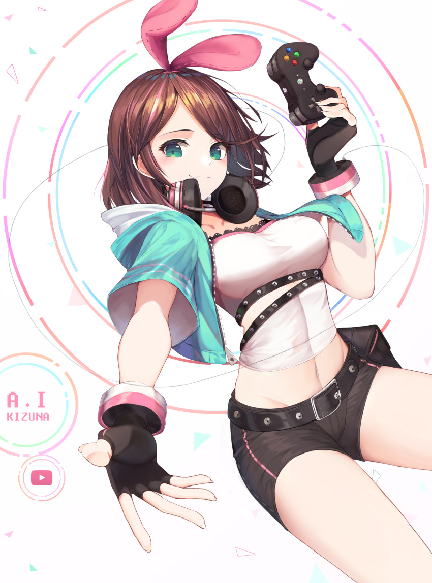 a.i._channel absurdres belt black_gloves black_shorts blush breasts brown_hair character_name closed_mouth controller fang fang_out fingerless_gloves game_controller gloves green_eyes hairband highres kizuna_ai looking_at_viewer medium_breasts midriff multicolored_hair navel pink_hair pink_hairband short_hair short_sleeves shorts smile solo streaked_hair sugar_(dndi888) virtual_youtuber white_background