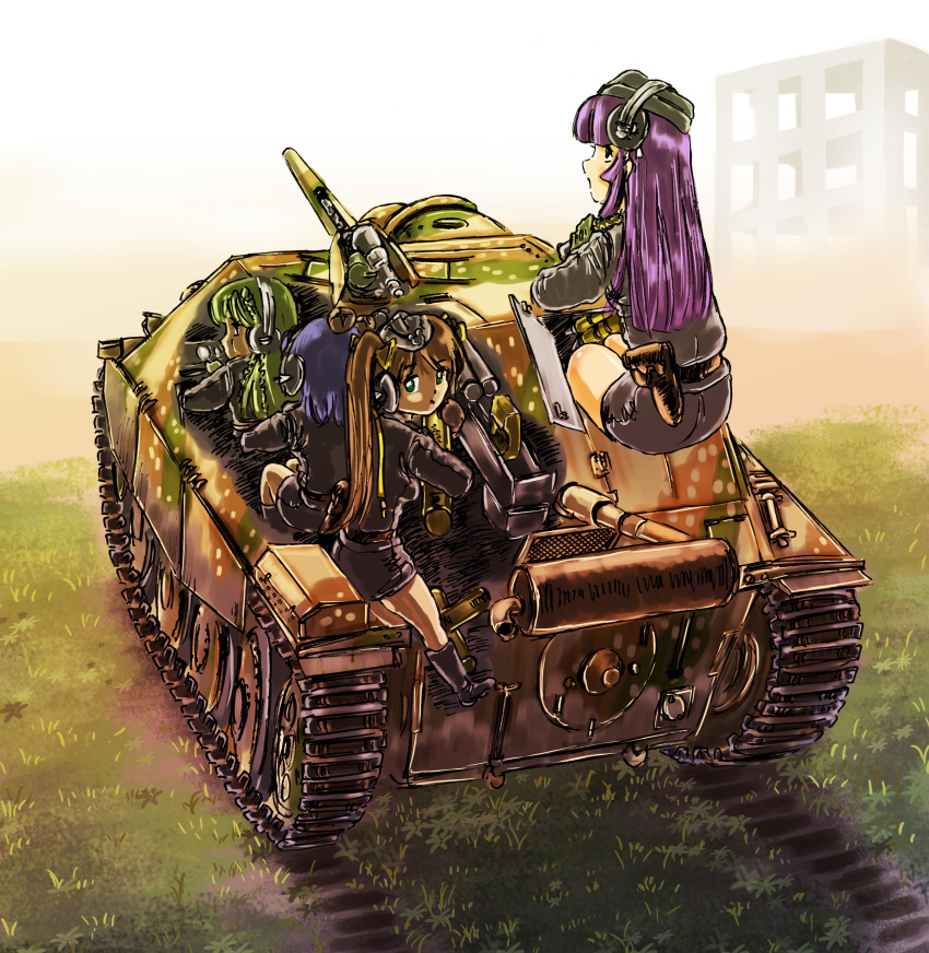 absurdres building caterpillar_tracks commentary_request day grass green_eyes green_hair ground_vehicle headphones highres jagdpanzer_38(t) long_hair makuraren_(mclaren) military military_vehicle miniskirt motor_vehicle multiple_girls original purple_hair short_hair skirt tank tank_destroyer x-ray