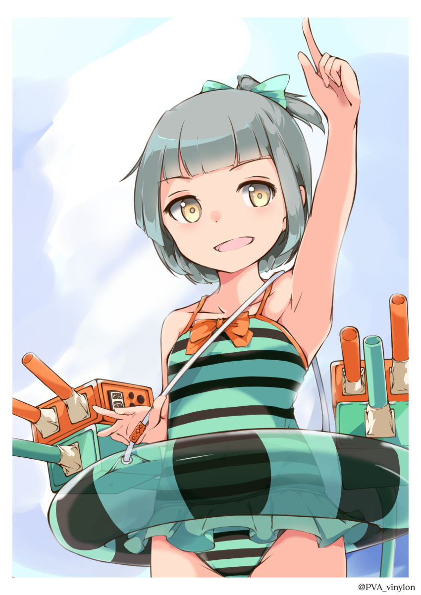 absurdres arm_up armpits bangs blunt_bangs bow brown_eyes casual_one-piece_swimsuit collarbone green_swimsuit grey_hair hair_bow half_updo highres innertube kantai_collection looking_at_viewer machinery one-piece_swimsuit pointing pointing_up short_hair solo striped striped_swimsuit swimsuit swimsuit_skirt turret upper_body uut vertical_stripes younger yuubari_(kantai_collection)