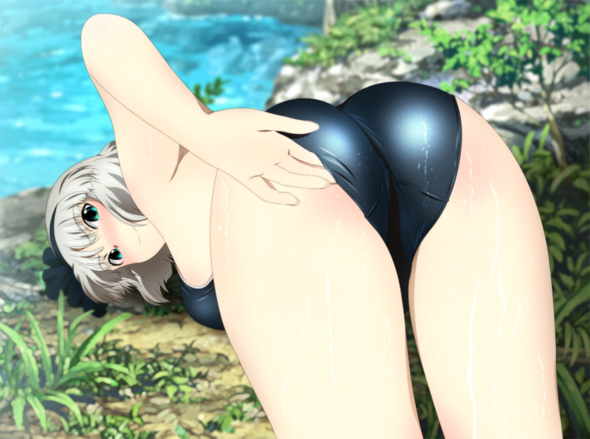 1girl adjusting_clothes adjusting_swimsuit ass bare_arms bare_legs bare_shoulders bikini black_bikini blush breast_press breasts closed_mouth embarrassed from_behind grass green_eyes groin highres konpaku_youmu legs looking_back outdoors pale_skin river shiny shiny_clothes short_hair solo swimsuit thighs top-down_bottom-up touhou water white_hair yadokari_genpachirou