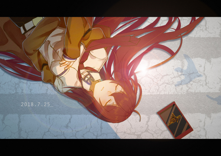 belt brown_hair cellphone closed_eyes collared_shirt dated highres jacket letterboxed long_hair lying makise_kurisu necktie nightsky off_shoulder on_back phone shadow shirt short_shorts shorts smartphone solo steins;gate steins;gate_0