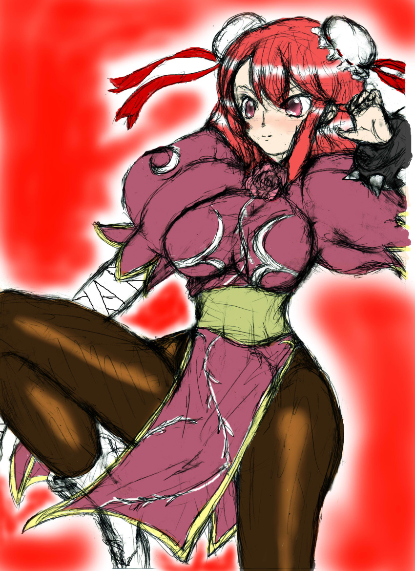 absurdres boots bracelet breasts bun_cover china_dress chinese_clothes chun-li chun-li_(cosplay) commentary_request cosplay crossover dress fighting_stance flat_color highres ibaraki_kasen jewelry long_hair pantyhose puffy_short_sleeves puffy_sleeves red_dress red_eyes red_hair short_sleeves sketch solo spiked_bracelet spikes street_fighter thighs touhou white_footwear ylang_ilang