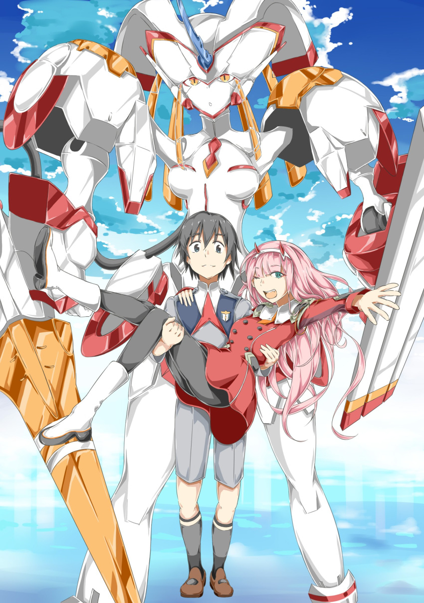 1girl absurdres bangs black_hair black_legwear blue_eyes blue_sky boots breasts brown_footwear carrying cloud cloudy_sky commentary_request couple darling_in_the_franxx day eyebrows_visible_through_hair green_eyes hair_ornament hairband hand_on_another's_shoulder hetero highres hiro_(darling_in_the_franxx) holding_legs horns long_hair long_sleeves maru_sashi mecha medium_breasts military military_uniform necktie one_eye_closed oni_horns orange_neckwear pantyhose pink_hair princess_carry red_horns red_neckwear shoes sky socks strelizia uniform white_footwear white_hairband zero_two_(darling_in_the_franxx)