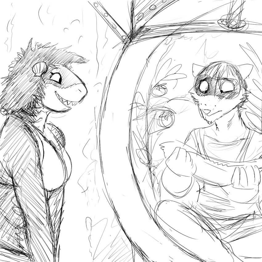 anthro bikini bikini_top black_and_white breasts clothed clothing comic duo female fish gills hair hladilnik holding_object looking_down male mammal marine monochrome open_mouth open_smile procyonid raccoon shark shell smile swimsuit teeth terrarium underwater water