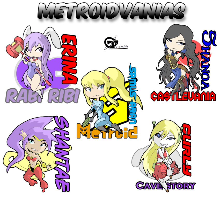 5girls :d blonde_hair castlevania castlevania:_order_of_ecclesia cave_story chibi curly_brace doukutsu_monogatari erina_(rabi-ribi) gun hammer long_hair metroid multiple_girls open_mouth purple_hair rabi-ribi samus_aran shanoa shantae shantae_(character) shantae_(series) smile tuteheavy weapon