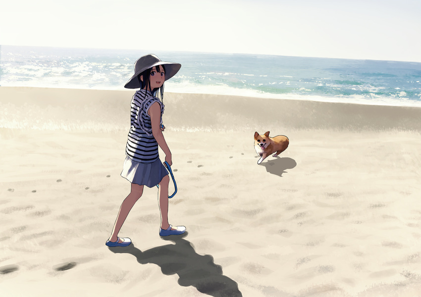 :d bad_id bad_pixiv_id beach black_eyes black_hair blue_footwear day footprints grey_hat grey_skirt hat leash looking_at_viewer looking_back morifumi ocean open_mouth original outdoors sand shadow shirt shoes skirt smile solo standing striped striped_shirt welsh_corgi wide_shot