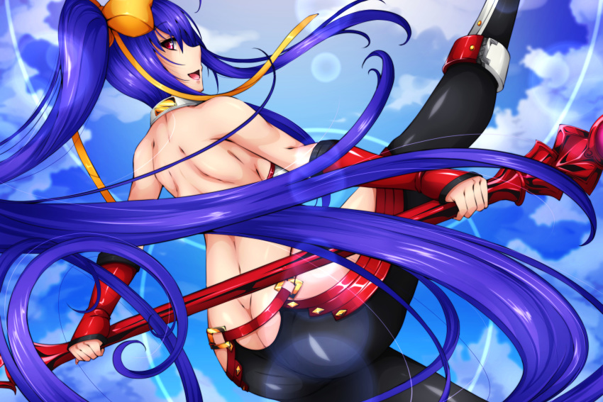 1girl antenna_hair arc_system_works artist_request ass backless_outfit bare_shoulders blazblue blazblue:_central_fiction blazblue_variable_heart boots bow breasts butt_crack fingerless_gloves from_behind genderswap genderswap_(mtf) gloves hair_bow hair_ribbon halter_top halterneck large_breasts long_hair looking_at_viewer looking_back mai_natsume no_bra open_mouth outseal pants polearm ponytail purple_eyes purple_hair ribbon shiny shiny_clothes shiny_hair shiny_skin sideboob smile solo spear very_long_hair weapon