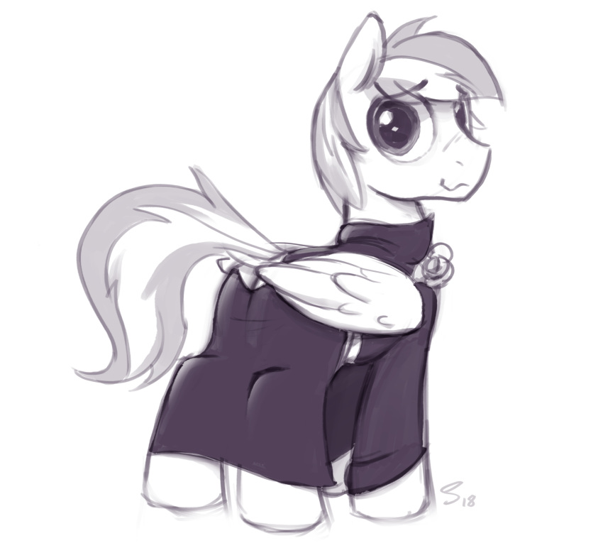 2018 ambiguous_gender clothed clothed_feral clothing equine fan_character feathered_wings feathers feral hair hi_res looking_at_viewer mammal monochrome my_little_pony pegasus selenophile solo wings