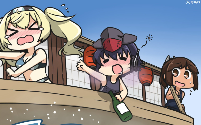 &gt;_&lt; adapted_costume asymmetrical_hair bikini black_hair black_swimsuit blonde_hair blue_sky blue_swimsuit blush boat bottle breasts brown_eyes brown_hair chibi closed_eyes commentary dated day drink drunk gambier_bay_(kantai_collection) gradient_sky hair_between_eyes hair_ornament hairband hairclip hamu_koutarou hat highres i-14_(kantai_collection) i-401_(kantai_collection) kantai_collection lantern large_breasts multicolored multicolored_bikini multicolored_clothes multiple_girls oar ponytail sake_bottle school_swimsuit short_hair short_ponytail sky swimsuit tan twintails watercraft